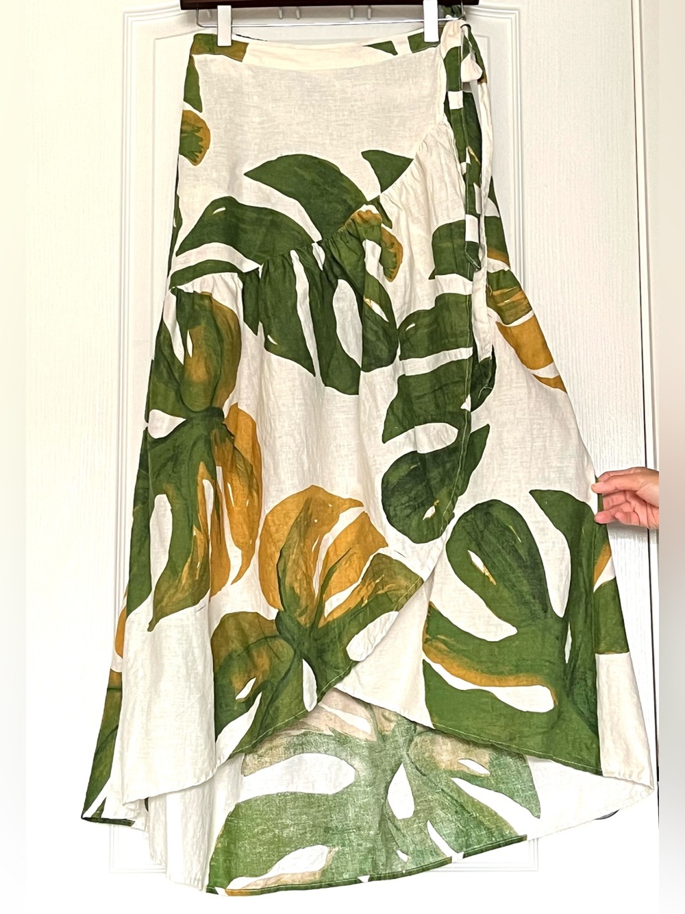 Rachel Zoe Tropical Leaf Wrap Maxi Skirt Linen Rayon Green Mustard Size S